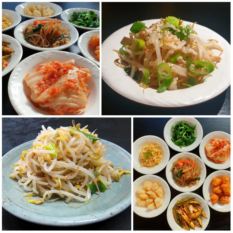Vierteilige Foto-Collage mit koreanischen Banchan: Kimchi, Sojasprossensalat, Glasnudeln, Gurkensalat und weitere Beilagen in kleinen Schälchen.