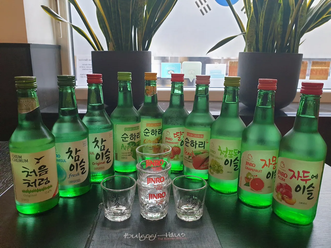 Elf grüne Soju-Flaschen verschiedener Sorten von Jinro und Chum Churum mit gestapelten Schnapsgläsern auf einem Tisch vor Zimmerpflanzen.